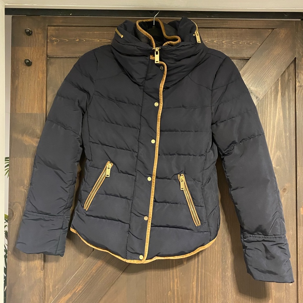 Zara Tan and Blue Puffer Jacket with High Collar